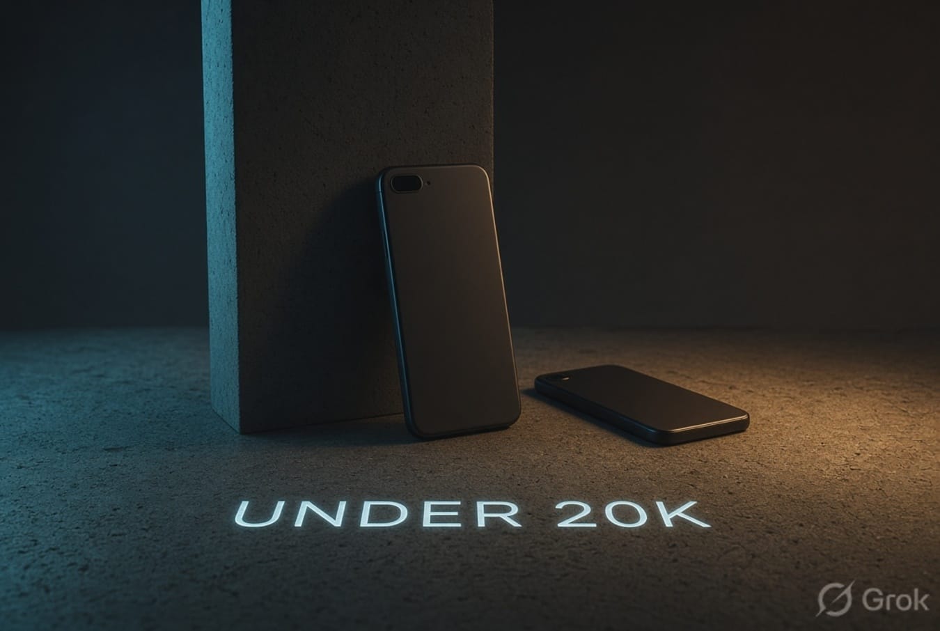 Two phones, cyan/amber gel, projected UNDER 20K. Best if you want a darker homepage tile