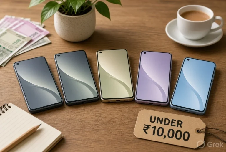 Five budget Android phones on a wooden desk beside a kraft tag reading Under 10,000, with tea, a₹ plant and Indian currency — September 2026 buying guide still life